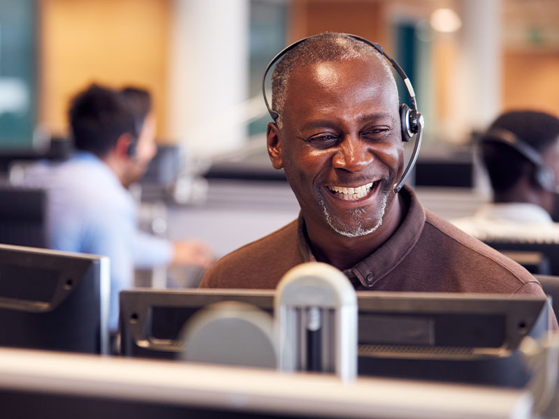 business man wearing telephone headset